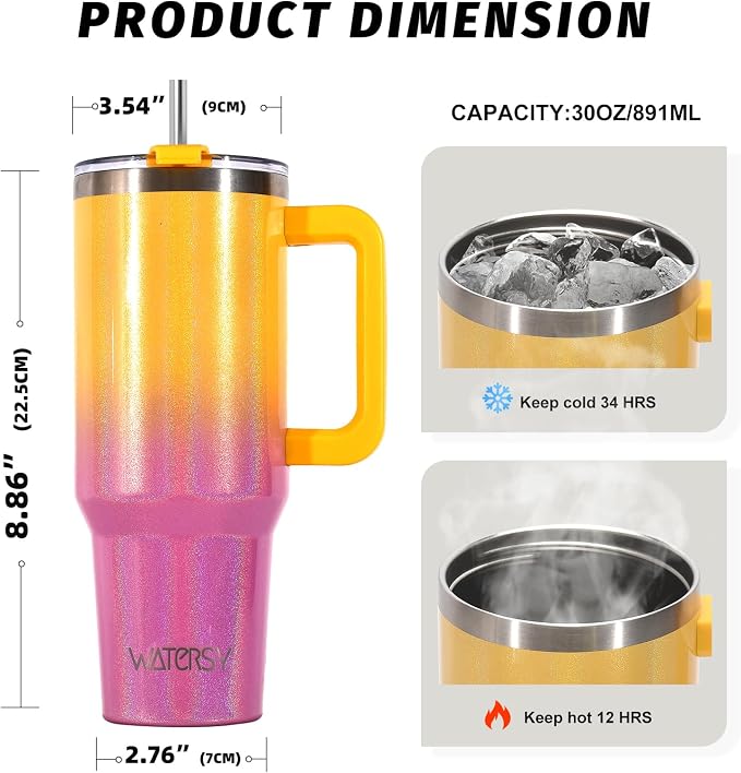 30 oz Shiny Tumbler with Handle and Straw, Stainless Steel Tumbler with Lid and - Image 2
