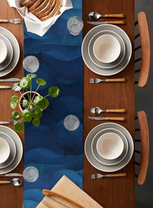 Navy Blue Ombre Table Runners 108 Inches Long, Abstract Modern Stripe Table - Image 5