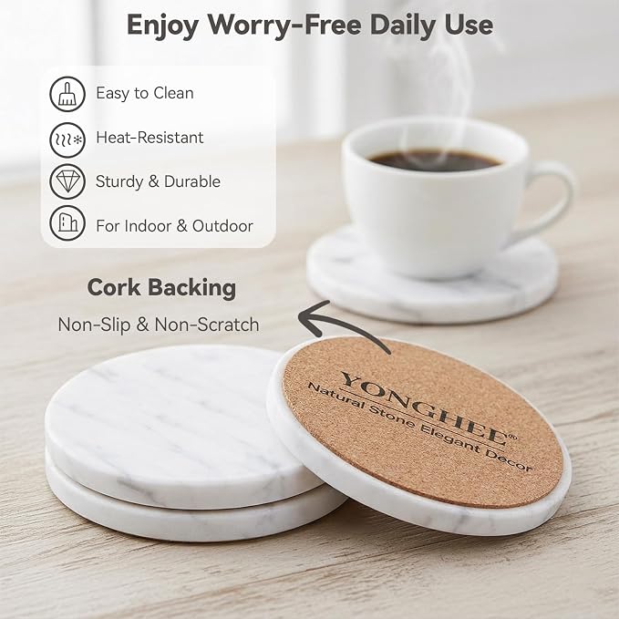 Soft White Marble Coasters Set of 6, Modern Elegant Drink Coasters - Image 5
