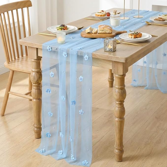 Artoid Mode Blue Flower Pearl Blue Gauze Table Runner 10FT 3PC, Seasonal Sheer - Image 3