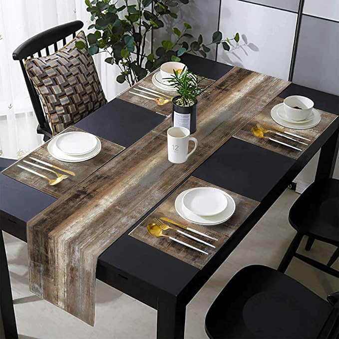 Brown and Grey Table Runner and Place Mats Set of 6 Dark Rustic Abstract by TQFZP