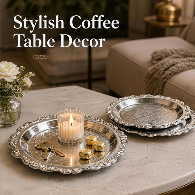 Round Silver Tray, Serving Platters, Vintage Metal Dessert Snack Platter - Image 3