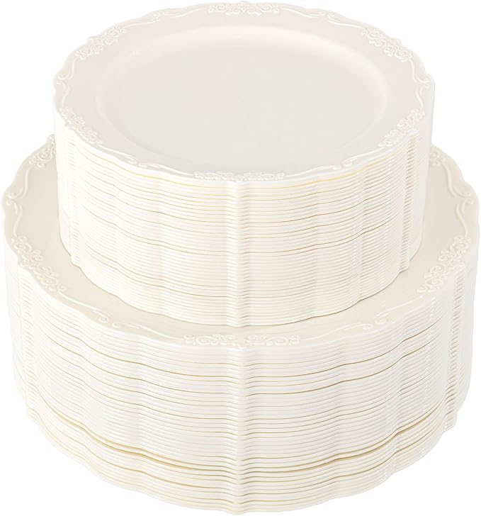 U-QE 100 Pcs Ivory Plastic Plates by U-QE