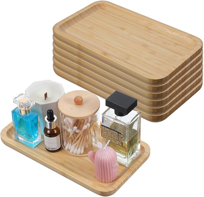 6 Pcs Bamboo Vanity Tray Set for Counter, Natural Bamboo Tray for Bathroom by HOFURME