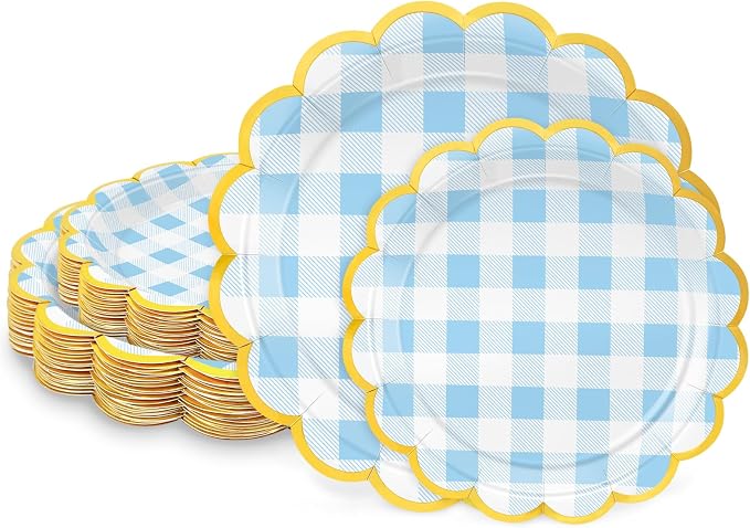 50 Pcs Blue Gingham Paper Plates Disposable, Dessert Cake Plates, by LIKAJON