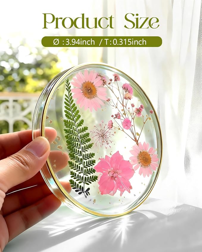 Oqplog Resin Drink Coasters for Desk Coffee Table-Pink&White Dried Flowers - Image 2