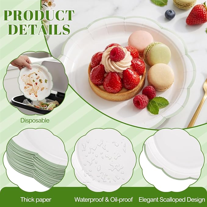 30 Pcs Sage Green and White Paper Plates, 7 In White Plates - Image 3