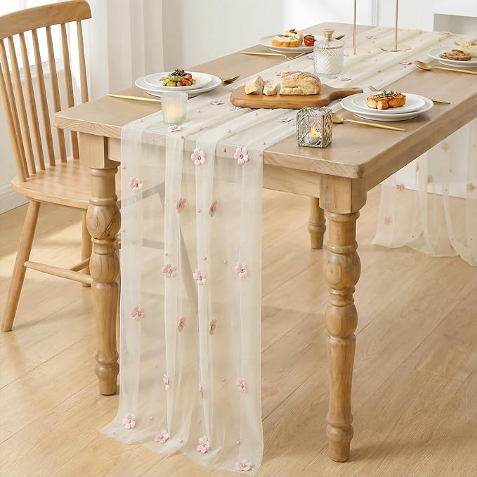 Artoid Mode Pink Flower Pearl White Gauze Table Runner 10FT, Seasonal Sheer - Image 3