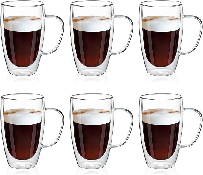 MEWAY 16oz/6 pack Coffee Mugs, Thickened Clear Glass Double Wall Cup by MEWAY