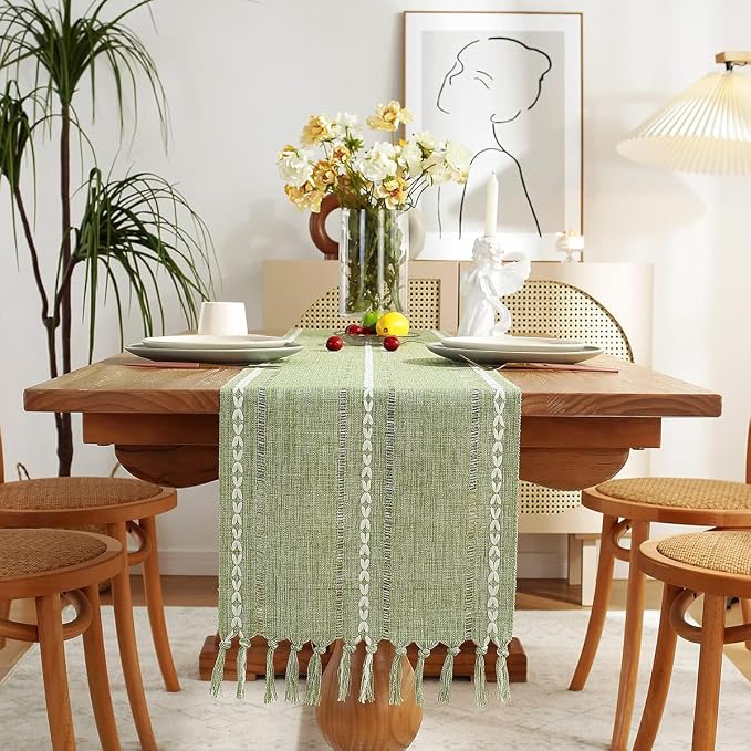 Wracra Rustic Linen Table Runner, Sage Green Table Runners 48 inches Long | by Wracra