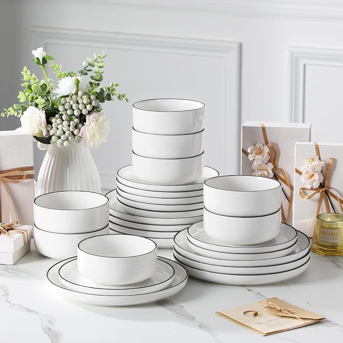 MALACASA Plates and Bowls Sets, 24 Pieces Modern Porcelain Dinnerware Set - Image 6
