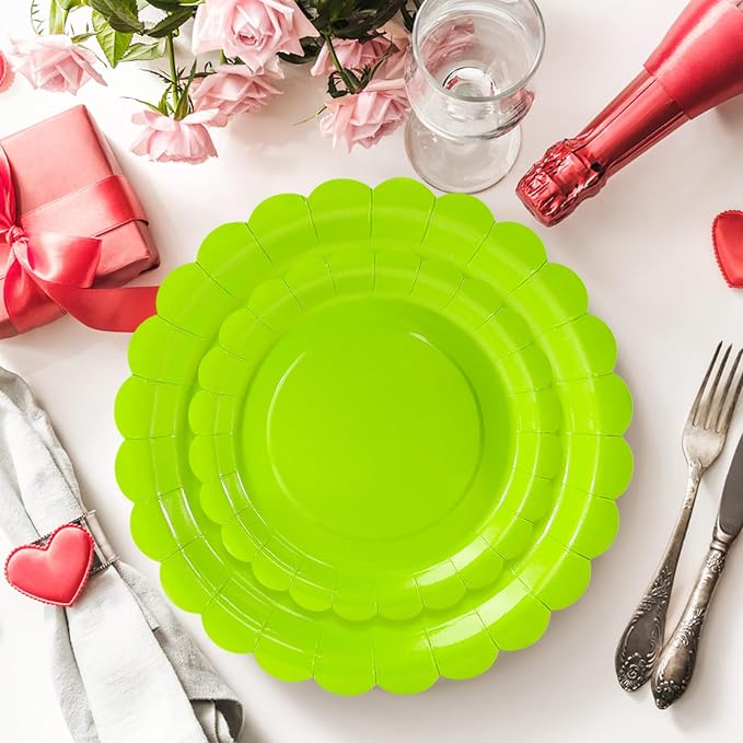 50 Pcs Lime Green Scalloped Paper Plates 25 × 7'' and 25 × 9'' Disposable Lime - Image 2