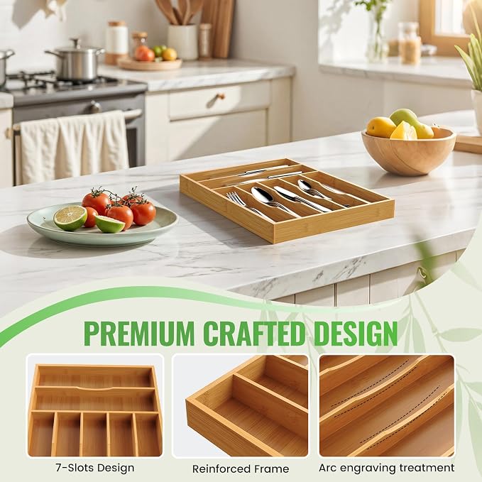 Bamboo Silverware Organizer, 12 Inch Bamboo Kitchen Drawer Cutlery Organizer - Image 5