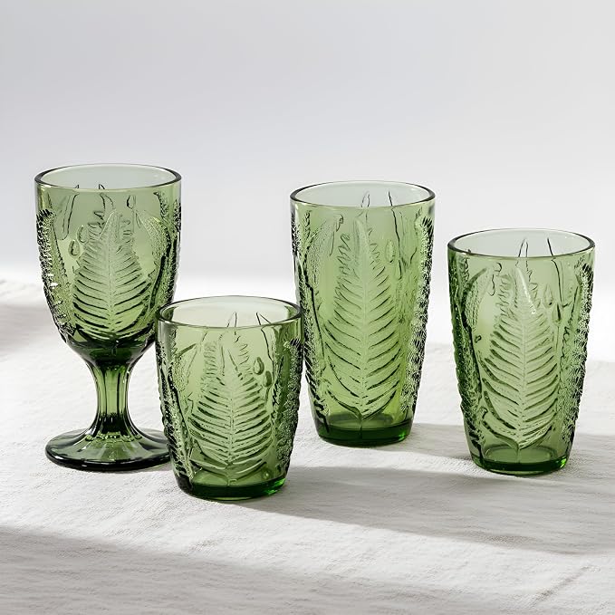 Vintage Green Drinking Glass, 10 oz Hand-Pressed Deep Textured Glass Cup - Image 9