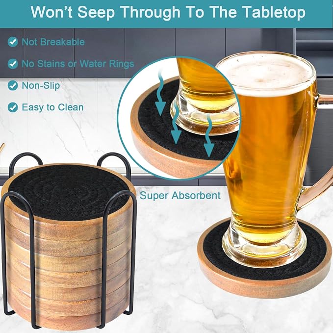Eykao Wood Coasters for Drinks, Absorbent Coaster Sets of 8, Woven Drink - Image 2