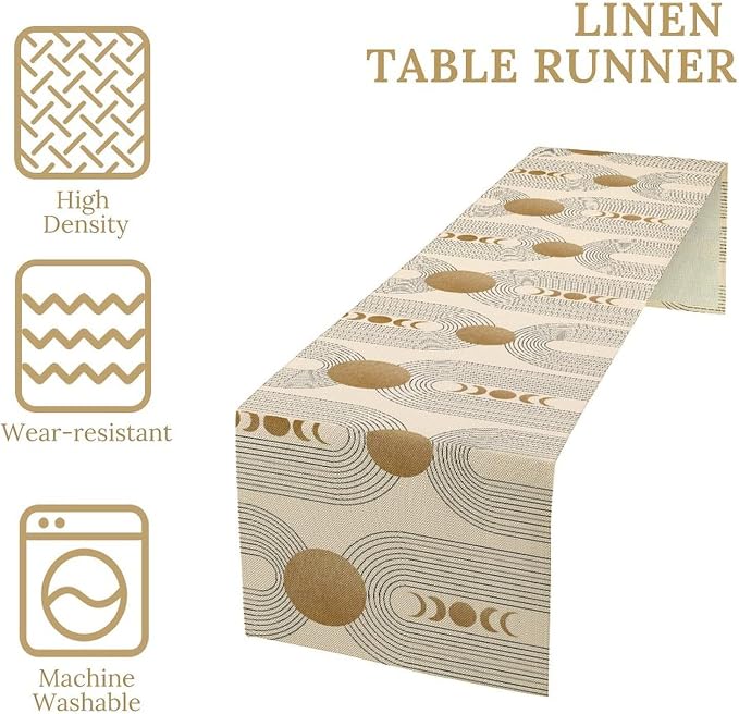 Boho Table Runner Mid Century Modern Style Abstract Geometrical Gold Round Sun - Image 5