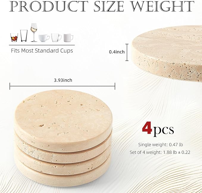 Natural Marble Coaster Set of 4.Round Drinks Coasters, Non-Ceramic/Non-Resin | - Image 2