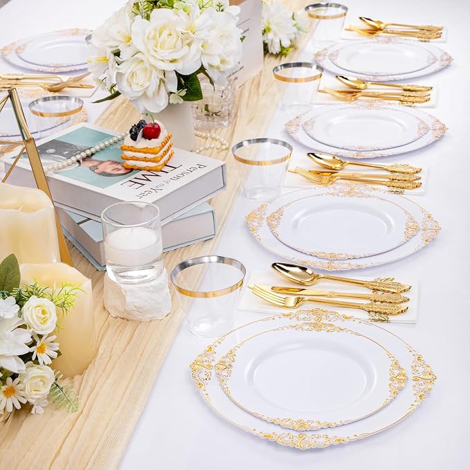 175 Pcs White Gold Plates for Wedding | White Party Plates Set for 25 Guests - Image 5