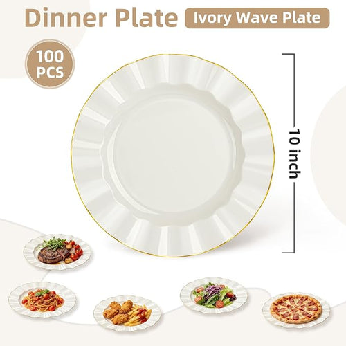 100PCS Ivory Plastic Plates 10 Inch, Wavy Plates - Image 2