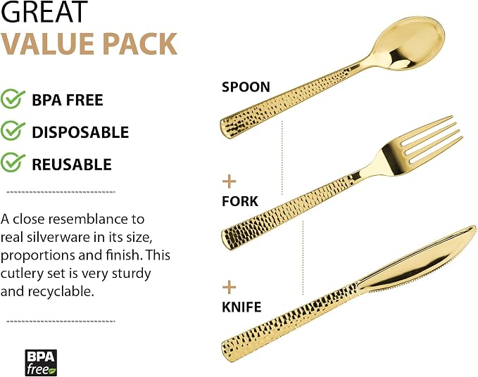 960 Piece Gold Plastic Silverware, Extra Heavyweight Disposable Cutlery Set - Image 2