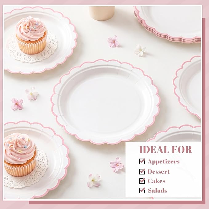 NatNarr 30 Pk Pink Paper Plates 7" Scalloped Pink White Dessert Cake Plates | - Image 4