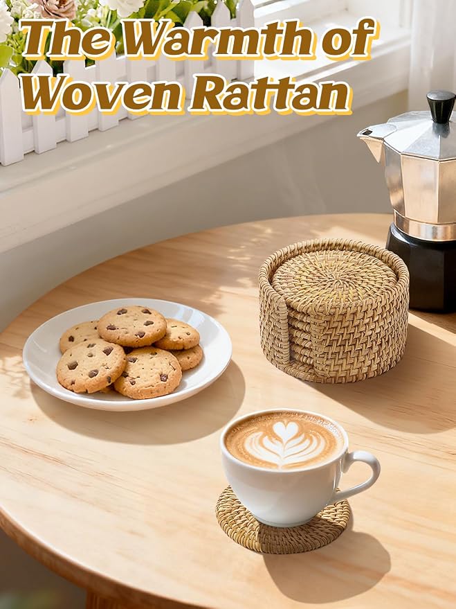 8Pcs Handmade Natural Rattan Coasters Set - Image 2