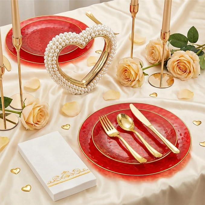150 Pcs Red Plastic Dinnerware Set, Disposable Plates - Image 5
