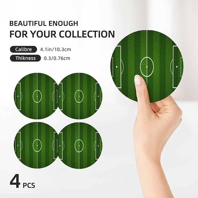 Green Soccer Football Field Coasters Set of 4, Absorbent Ceramic Drink Coasters - Image 3