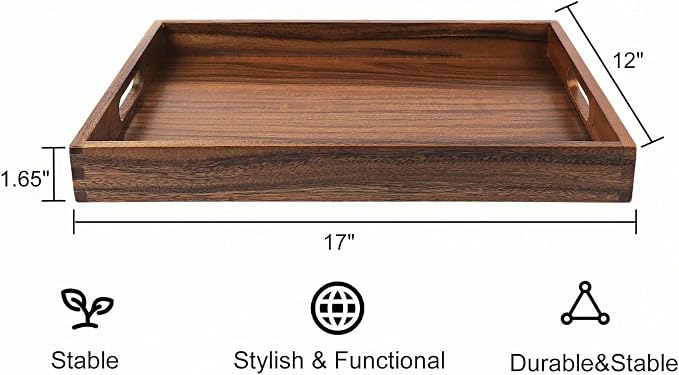 17 x 12 Inch Acacia Wood Serving Tray, Decorative Serving Platter - Image 2