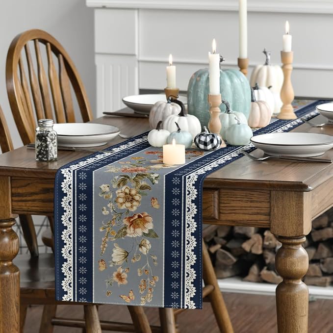 Artoid Mode 210 GSM Fall Table Runner 13x90 Inch Home Party Decor | Blue - Image 3