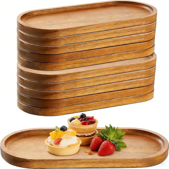 Solid Acacia Wood Serving Trays 12 Pcs Rectangular Platter | 10 In Oval Plates by Voittozege