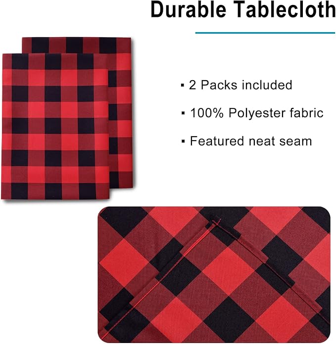 Red and Black Plaid Tablecloth Waterproof, 2 Pack, 60 x 84 inch | Checkered - Image 3