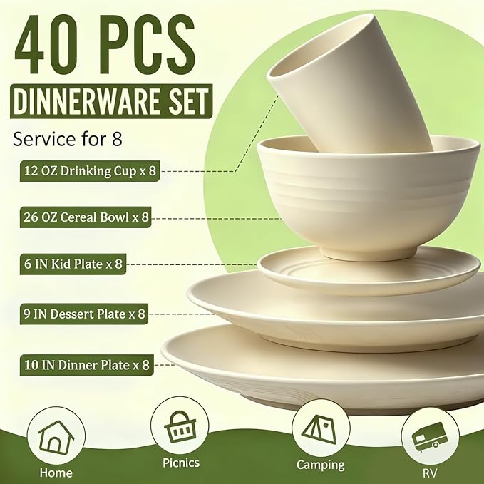 Dinnerware Sets 40 PCS Wheat Straw Plates and Bowls Sets - Image 2