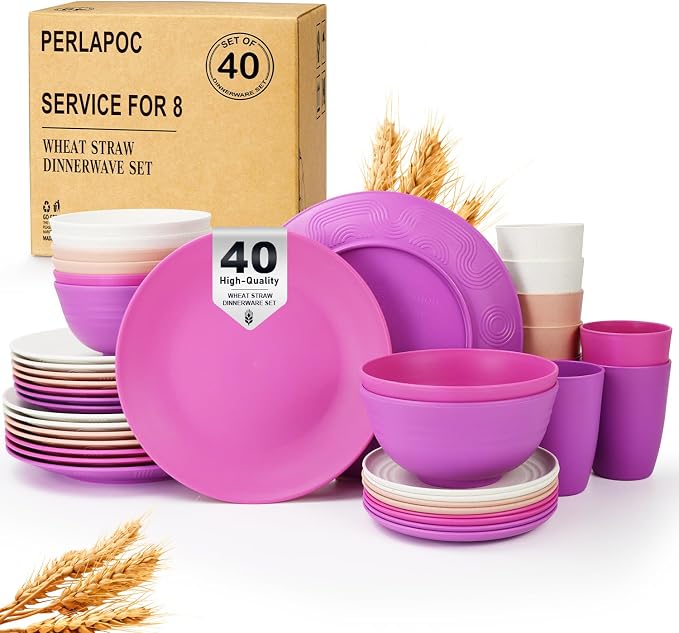 Wheat Straw Dinnerware Sets 40 PCS Bowl and Plate Sets by Perlapoc