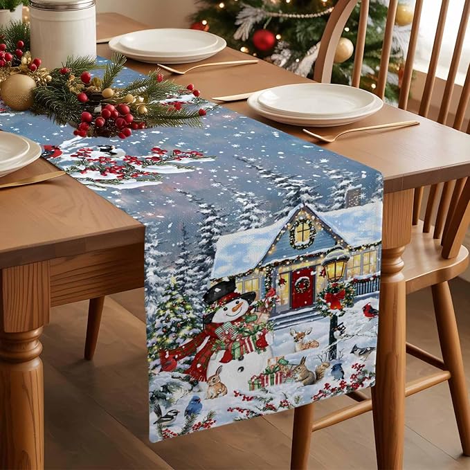 Merry Christmas Table Runner 108 Inches Long, Xmas Trees Snowman Snowflake - Image 3