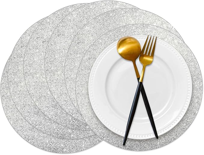 50 Pieces Silver Glitter Paper Place Mats Sparkle 14'' Round Disposable Table by Datyiiha