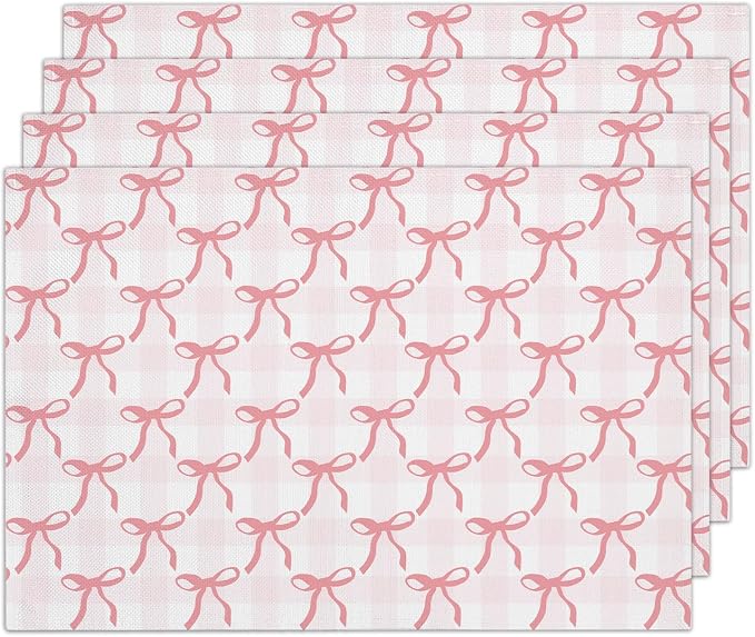 Pink Plaid Bow Placemats Set of 4, Washable Heat Resistant Placemats Kitchen by RLCNOT