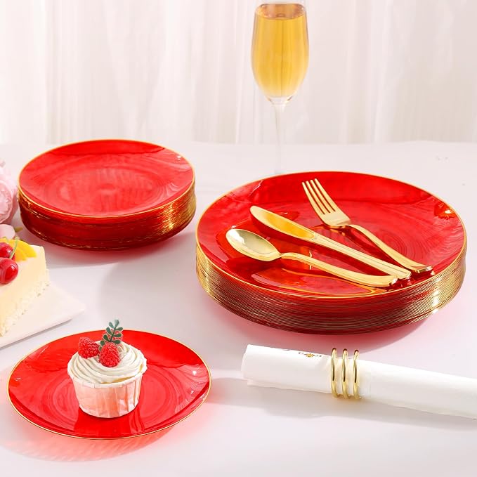 150 Pcs Red Plastic Dinnerware Set, Disposable Plates - Image 7