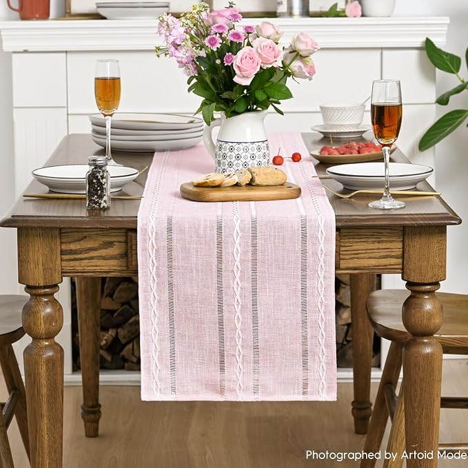 Artoid Mode Pink Rustic Cotton Linen Table Runner, Seasonal Embroidered Hollow - Image 2