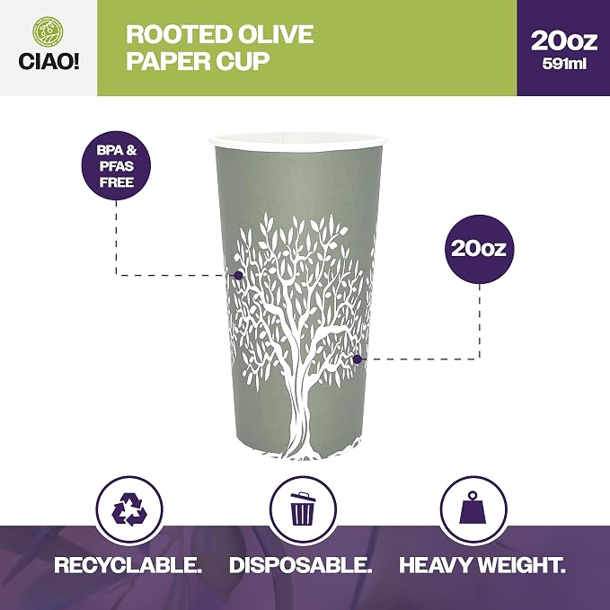 CIAO! 20oz Paper Hot Cup, Rooted Olive Print - Image 2