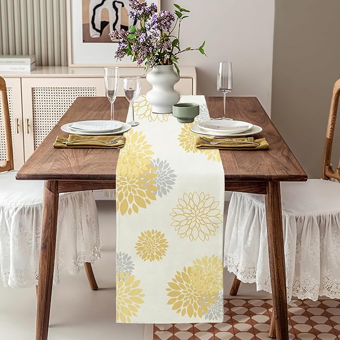 Yellow Gray Table Runner Dahlia Pinnata Flower Beige Table Runners Modern - Image 3