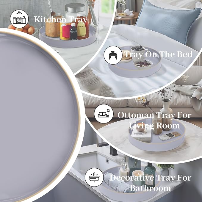 13" Gray Decorative Tray, Plastic Round Serving Tray - Image 7