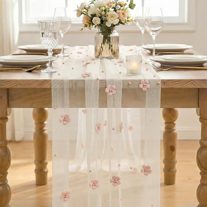 Artoid Mode Pink Flower Pearl White Gauze Table Runner 10FT 3PC, Seasonal Sheer - Image 2