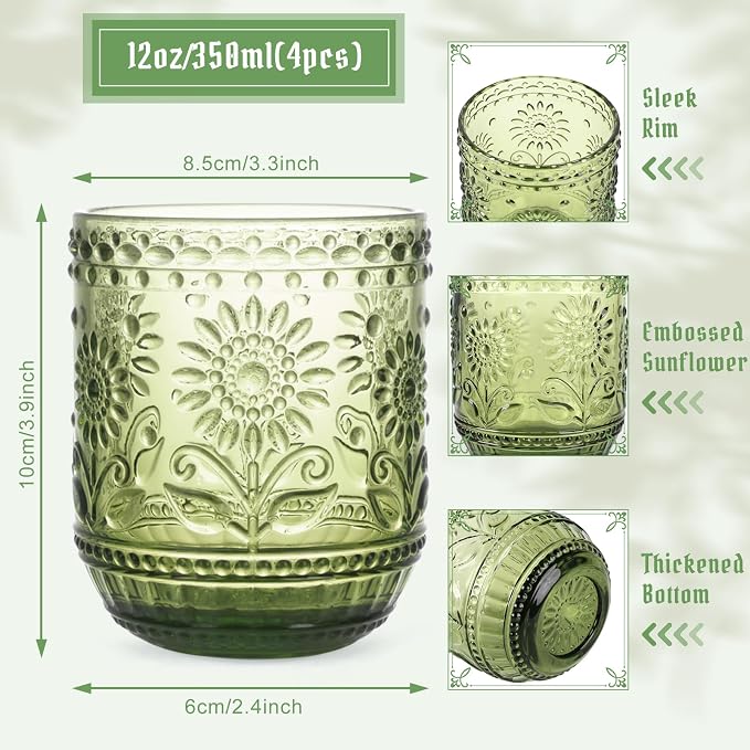 Topsky Vintage Drinking Glass Set of 4, 12 oz Embossed Floral Drinkware Set - Image 4