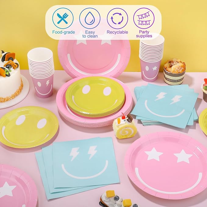 Kochorie 96 Piece Preppy Smiley Face Party Paper Plates Preppy Smile Face Party - Image 5