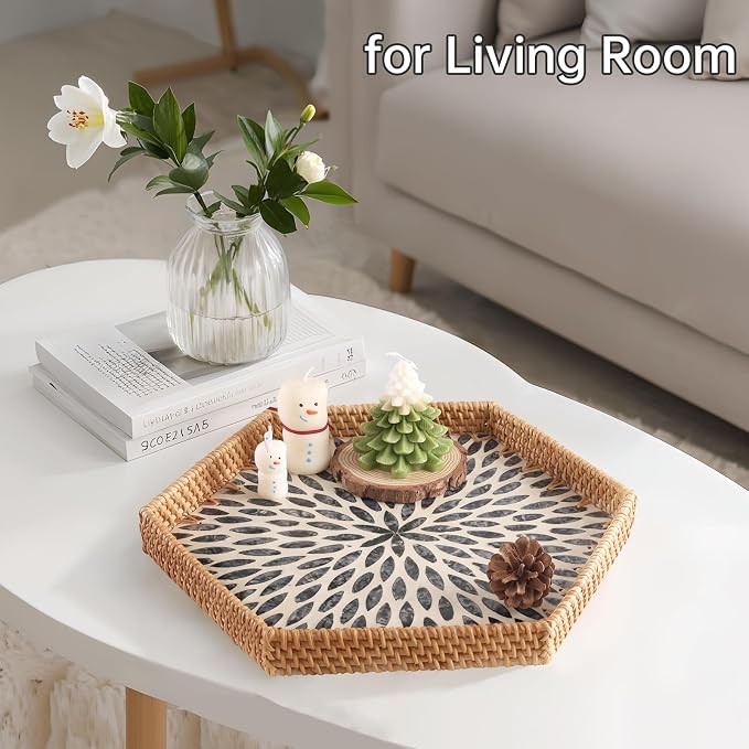 Hexagon Rattan Tray with Mother of Pearl Inlay, Rattan Serving Tray - Image 7