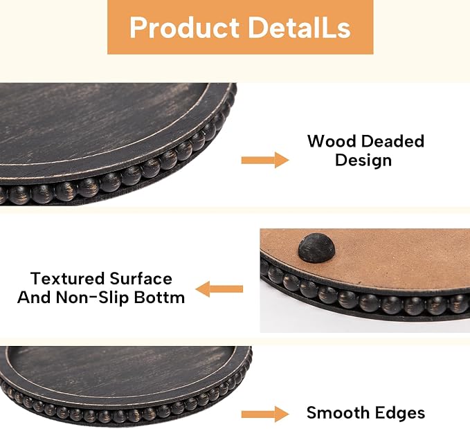 HPC Decor 12in Round Tray for Home Decor- Black Wood Beaded, Decorative Round - Image 5