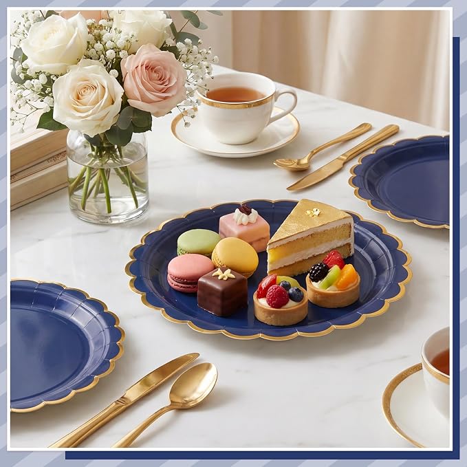 NatNarr 30 Pk Navy Blue Paper Plates 9" Scalloped Blue Gold Party Plates | Cute - Image 4
