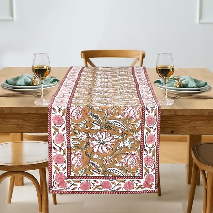 Biscotti Yellow Fabric Hand Block Print 100% Cotton Reusable Table Runner 16" X by Ridhi