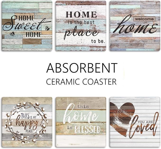 Coasters for Drinks, Ceramic Stone, Wood Worn | Rustic Vintage Farmhouse - Image 4